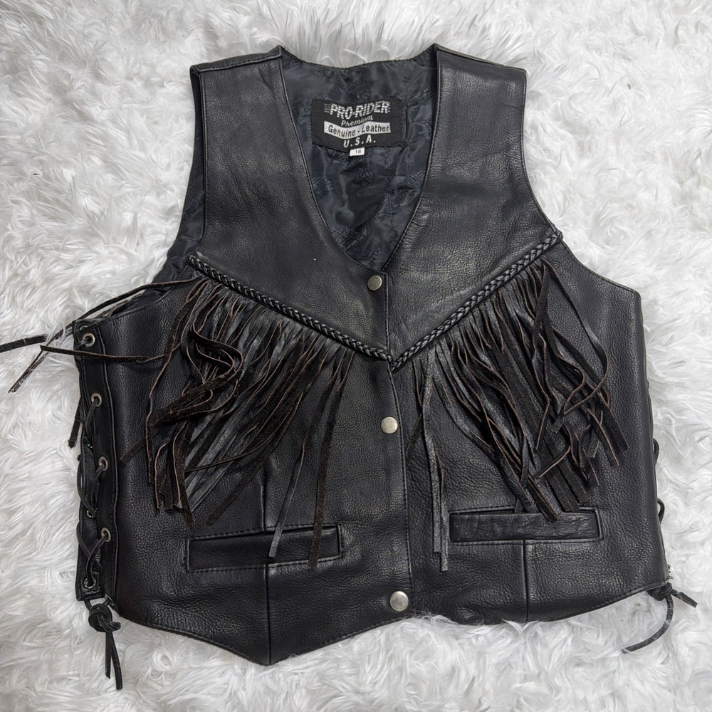 Women's 18 Fringe Leather Vest Moto Biker Festival Tassels Black Pro Rider USA
